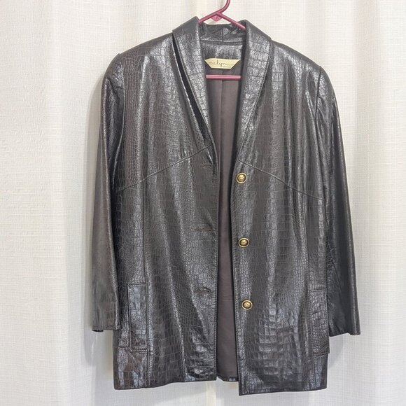 Vintage Sybille Lyn Brown Women's Croc Leather Jacket Size 8 Button Down - Picture 1 of 7
